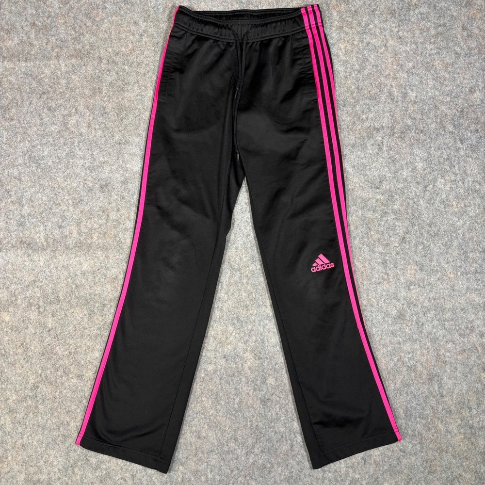 Adidas Track Pants Womens XS 4-6 Black Pink 3-Stripe Straight Leg Athletic Train